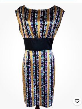 Trina Turk Silk Abstract Print Sheath Dress - Gold & Purple - Size 4